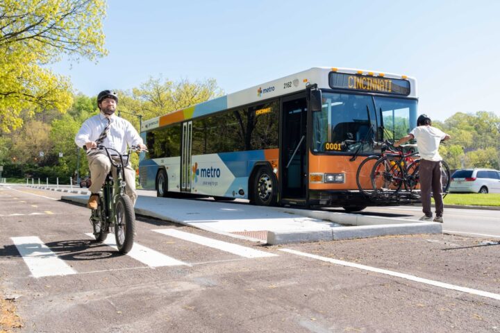 Bike with Metro bike rider gets off metro bus